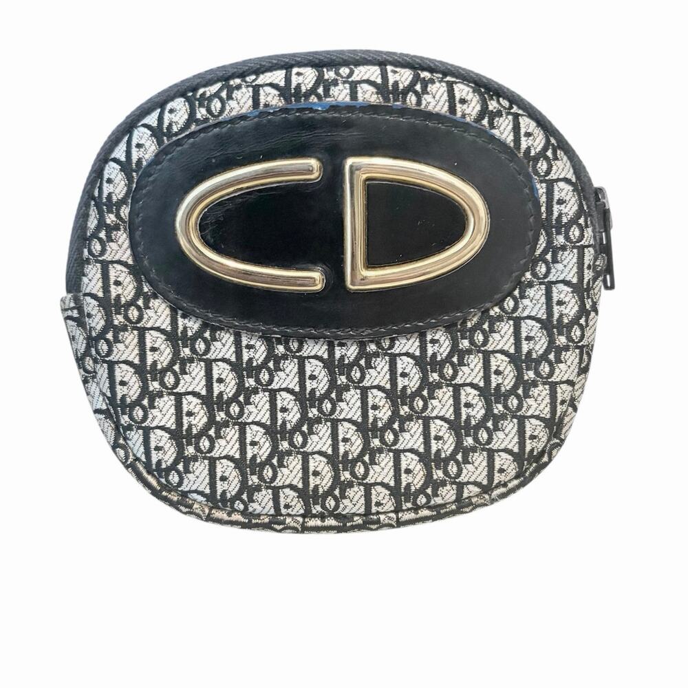 Christian Dior Vintage Trotter Monogram Oval Zip Coin Purse Pouch Black Gray